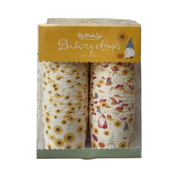 50 Count Fall Harvest & Gnome Sunflower Cupcake Liners New in Box - Picture 2 of 10